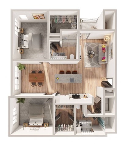 Floor plan for 2 beds, 2 baths, 1227 sqft